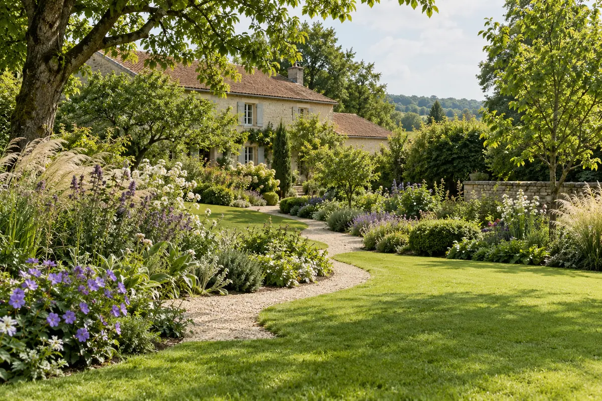 Inspiration : jardin paysager avec allée en pierre, graminées et terrasse en bois